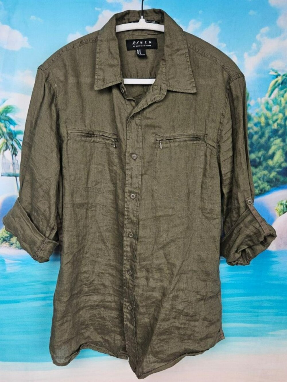 Linen Button-Up Shirt Medium Mens M Casual Natural 21MEN Olive Green Camp